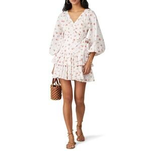 Maia Bergman Floral Ines Wrap Dress Balloon Sleeve White Pink Floral Womens S